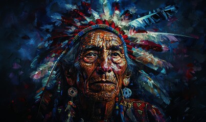 Obraz premium Portrait of an Adult in Traditional Indigenous Attire with a Headdress