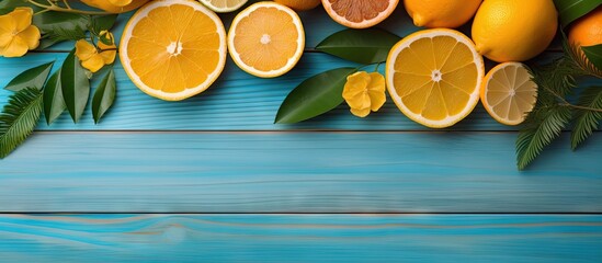 A wooden surface adorned with a pleasing arrangement of lemons oranges and palms creates a vibrant summer background perfect for a copy space image - Powered by Adobe