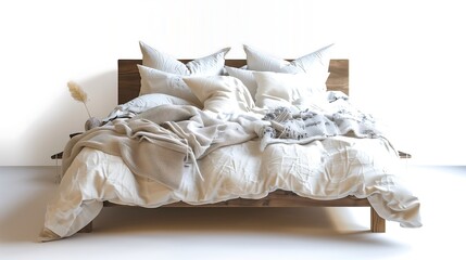 Isolated image of a wooden bed with several blankets and pillows.