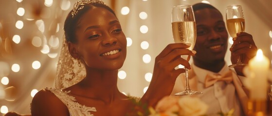 Newlyweds toast to a happy marriage at a reception party. The newlyweds are seated at a dinner table with their best multiethnic diverse friends.