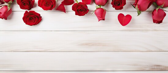 Copy space image featuring roses and red hearts arranged on a white wooden background