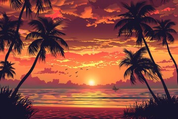 Vibrant tropical sunset with palm trees