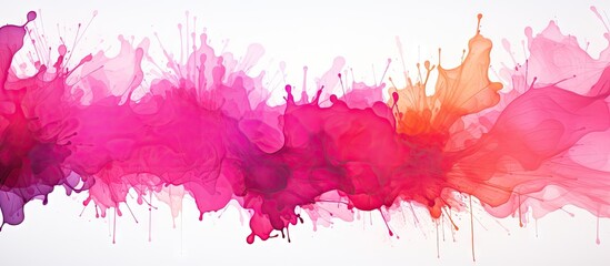 An artistic modern horizontal background created with bright inks and watercolor paints Pink splashes in the center with color splatters and splashes forming an uneven and abstract design Ample space