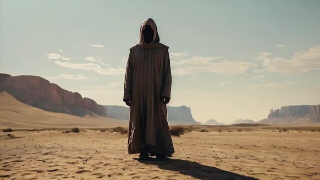 man in a black cloak without a face in the desert