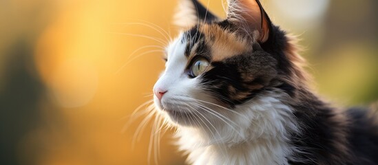 A stunning tricolor domestic cat happily grooms its neck highlighting the concept of caring for a...