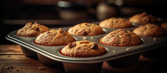 Freshly baked bran muffins are cooling down in a baking tin creating an appealing confectionery form The image showcases the concept of a homemade baking experience with high quality and a touch of f