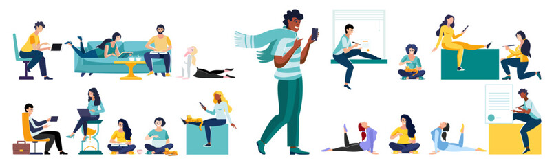 Flat vector illustration. Set of business people sitting in the process of work. Diverse men and women solving business problems, work assignments, explaining presentation, clerks doing office tasks