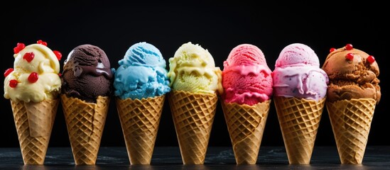 A variety of ice cream cones are arranged on a white wooden surface A plain and crispy cone is available for creating a menu design for sweet treats with ample space for text