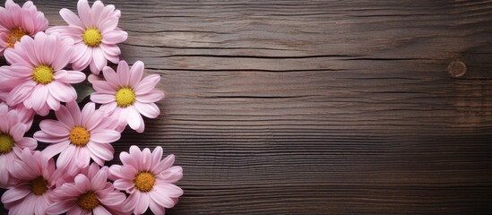 Aesthetic copy space image of delicate pink daisies blooming against a rustic wooden background