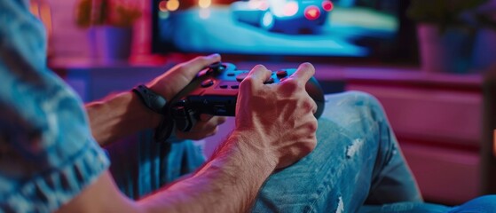 In a stylish loft apartment, a man sits on a couch and plays arcade-style video games while using a handheld controller to play Street Racing Drift Simulator.