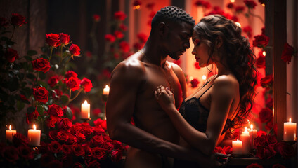 A sexy couple surrounded by candlelight and roses