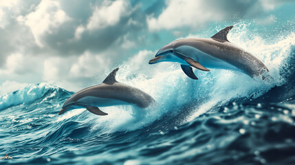 Fototapeta premium Two beautiful dolphins jumping over waves destroying the Hawaiian Pacific Ocean wildlife scenery. Marine animals 
