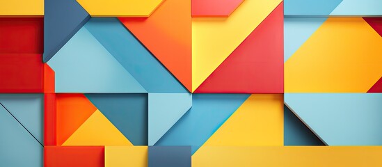 Top view of a copy space image featuring a stylish memphis geometry patterned texture background in vibrant yellow blue light blue and red colors