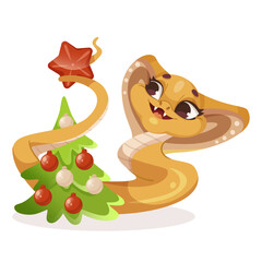 A cheerful cartoon snake wrapped around a Christmas tree, on a plain background, embodying a festive concept. Vector illustration