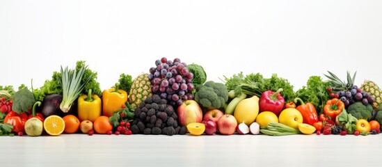 A variety of fresh fruits and vegetables arranged neatly on a white background providing ample copy space for any desired image