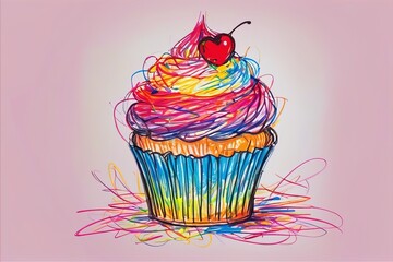 Colorful scribbles cupcake in chaotic wax crayon drawing style - obrazy, fototapety, plakaty