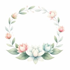 Fototapeta premium lotus flower themed frame or border for photos and text. watercolor illustration, Perfect for nursery art, simple clipart, single object, white color background. used as a greeting card or wedding.