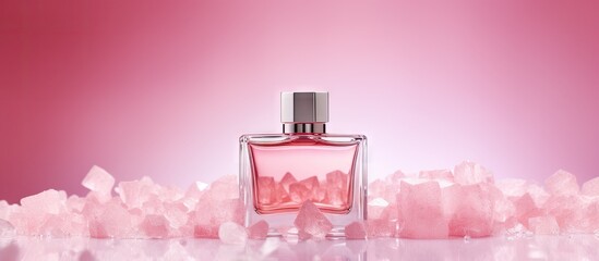 A modern new fragrance showcased on a pink background with a textured sugar backdrop The perfume workshop banner offers ample copy and design space