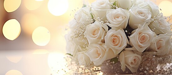 A wedding bouquet of white roses elegantly displayed in a vase surrounded by other wedding decorations creating a captivating image with plenty of copy space