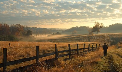 A farmer stands in a field full of ungrazed winter crabgrass near an open fence at end of summer in North Carolina