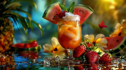 Tropical Fruit Cocktail With Vibrant Strawberries And Watermelon on Festive Floral Bokeh Background