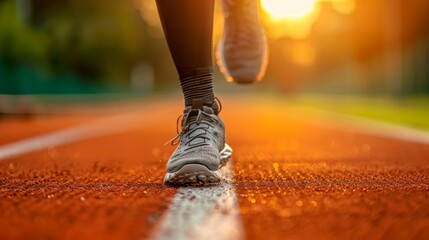 Determined athlete with prosthetic leg competing in track and field race at sports event