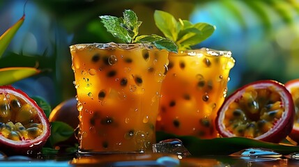 Exotic Passion Fruit Cocktail With Fresh Mint in a Lush Green Background. Tropical Summer Drinks