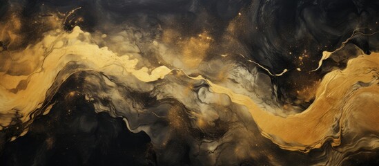 Fototapeta premium Abstract black and gold textured background created by pouring and swirling oil and acrylic colors in a fluid and artistic manner Ideal for a copy space image