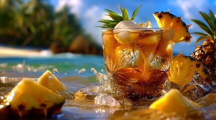 Iced Pineapple Drink With Fresh Mint in a Tropical Beach Background. Summer Leisure, Exotic Beverage