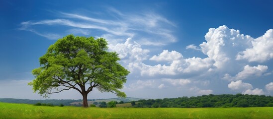 Copy space image of a vibrant green tree and a withered tree surrounded by the stunning backdrop of a clear blue sky with scattered clouds in a garden - Powered by Adobe