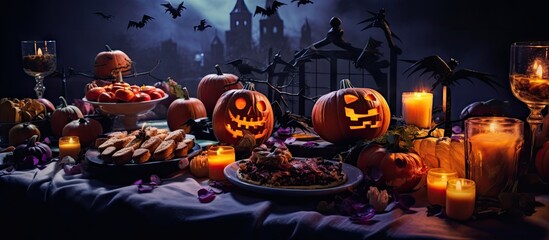 Fototapeta premium A Halloween party with a classic holiday setup featuring delicious seasonal treats handmade autumn decorations and a moody atmosphere created by dramatic lighting deep shadows a purple backdrop and a