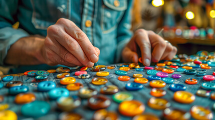 hands of a person sorting colorful buttons