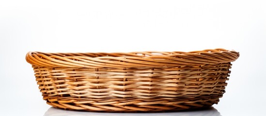 A wicker basket is featured in a copy space image with a white background