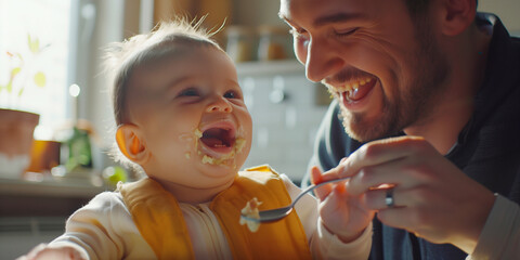 Vater füttert kleines Kind mit Löffel