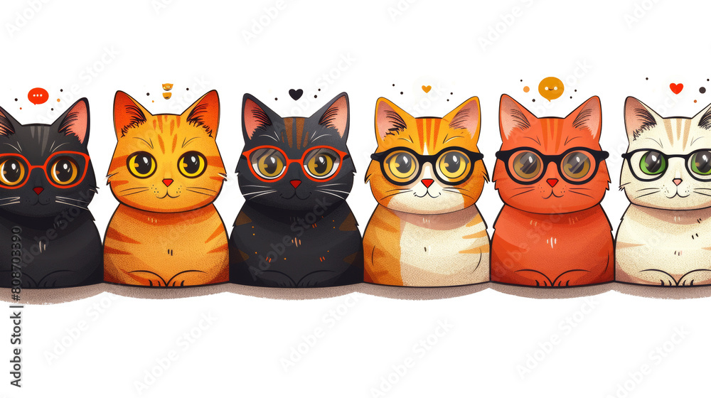 Wall mural Cartoon cat faces doodle modern set with glasses, speech bubbles, emotions in flat colors. Design illustration for stickers, comics, prints, covers, and decorations. - Wall murals