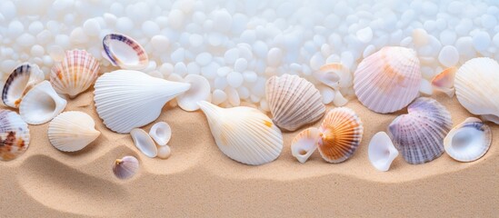 Small seashells scattered across the sandy shoreline creating a beautiful and delicate pattern. Copy space image. Place for adding text and design