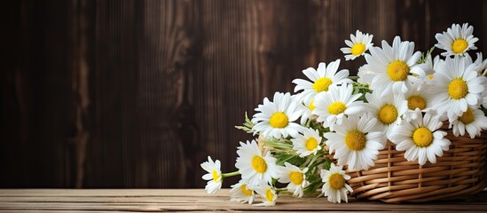 An image of daisies arranged in a basket set against a rustic wooden background allowing for copy space