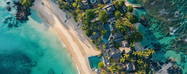 Aerial drone view of 5 star resort Shangri - La Le Touessrok with sandy beach, white villas and...