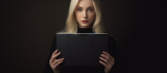 A stunning young girl holds a black folder with a white sheet creating a perfect copy space image - Powered by Adobe
