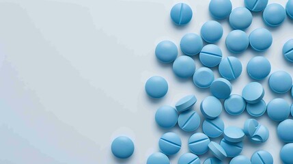 Blue pills are placed on the right side of a white background.
