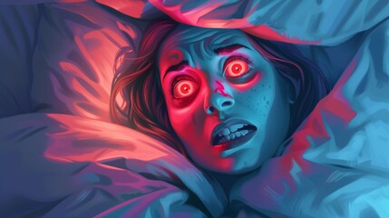 This is a picture of a woman in a nightmare with red eyes and a monster under the bed. She is in a mentally ill, terrifying panic situation. A frightened, alone character lies down at dark night in a