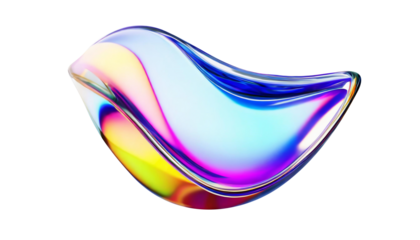 Abstract liquid glass shape with colorful reflections. Ribbon of curved water with glossy color wavy fluid motion. Chromatic dispersion flying and thin film spectral effect.
