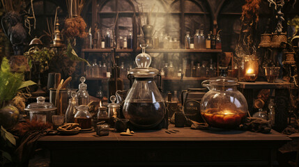 Collage image picture of alchemist