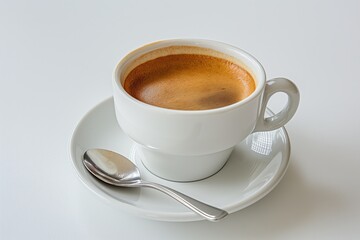 A freshly brewed espresso with a rich crema in a classic white cup with saucer and spoon