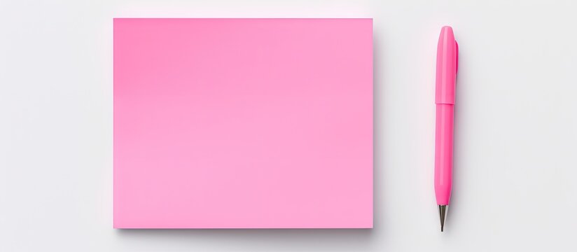 A pink sticky note and a pen arranged on a white background with blank space for images. Copy space image. Place for adding text and design