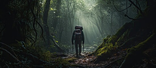 A man carrying a backpack navigates through the dense and shadowy depths of the forest. Copy space image. Place for adding text and design