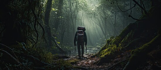 Obraz premium A man carrying a backpack navigates through the dense and shadowy depths of the forest. Copy space image. Place for adding text and design