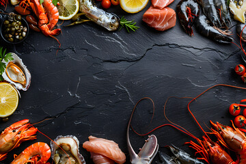 Seafood frame on the black stone background, Blank Copy-Space at the center of image