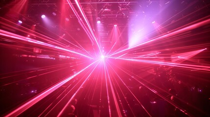 Animated 3D red light party laser effect at disco concert in nightclub. Magic beam neon glow glare...