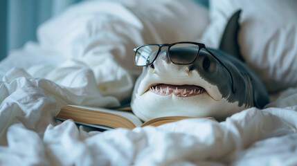 Cute shark with glasses reading a book.